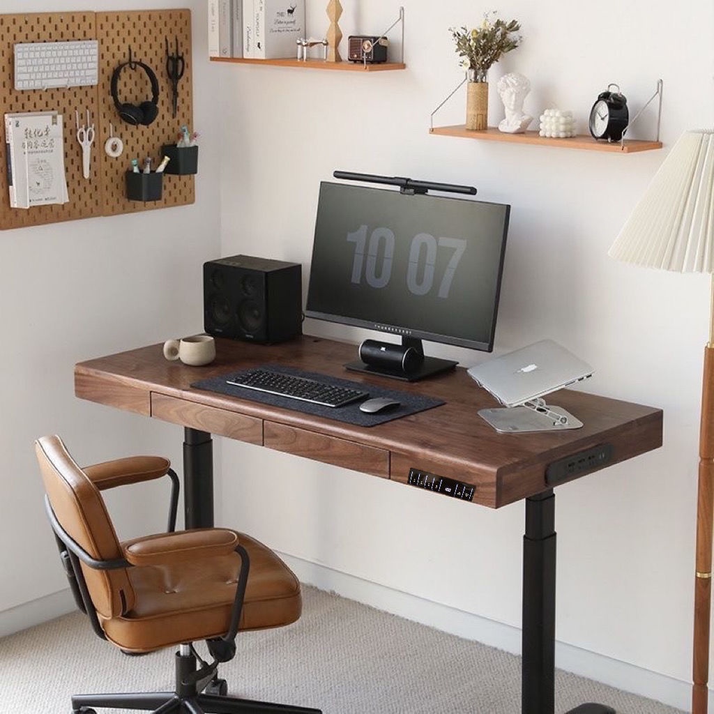 實木電競桌可升降電動帶抽屜電腦辦公黑胡桃木書桌工作電動升降桌
