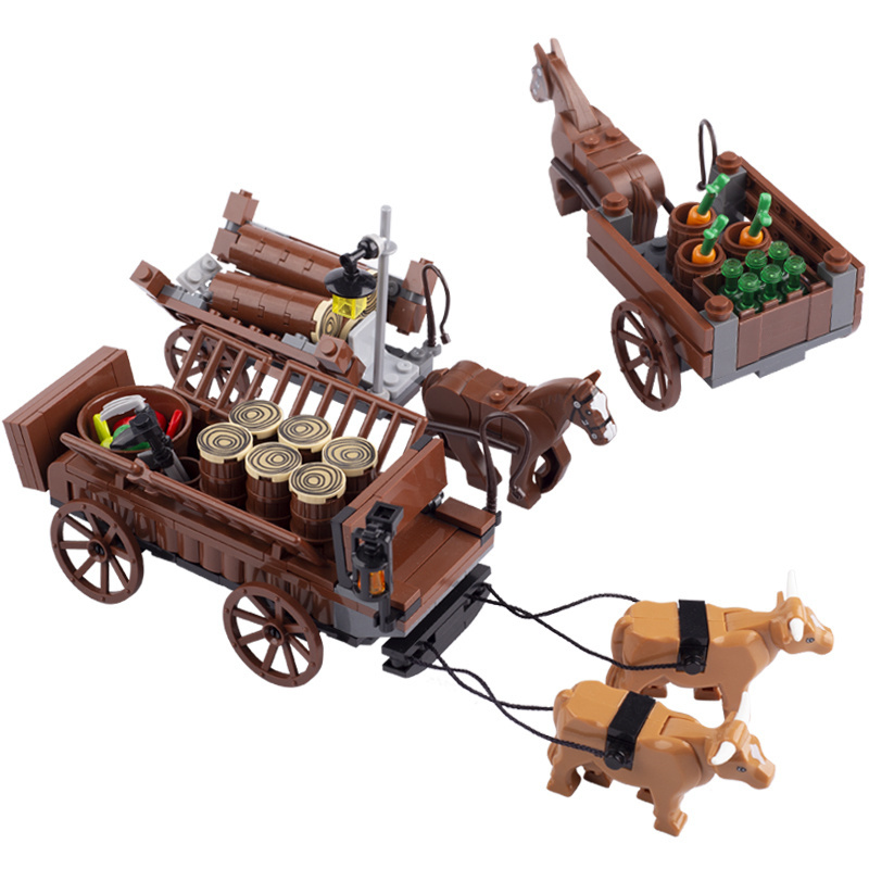 拼插積木玩具車囚車小顆粒高牛車中古蔬MOC兼容樂菜馬車木材馬