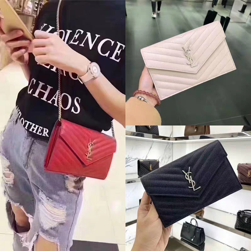 二手/全新 YSL Saint Laurent WOC 金LOGO 20卡 紅色 魚子醬 內拉鍊零錢袋 金鍊鍊包