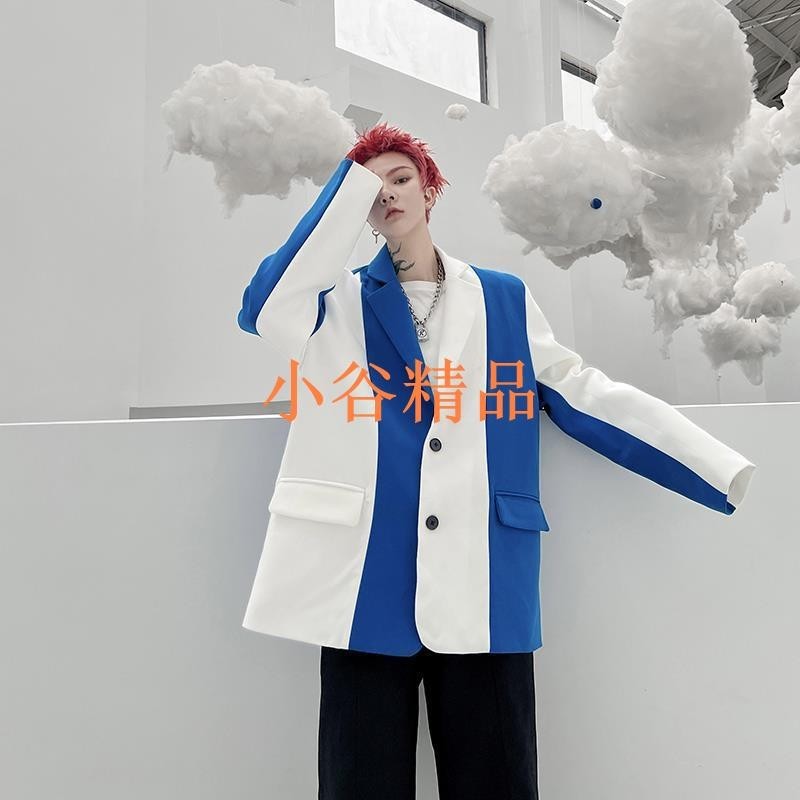 🌓小谷YY🌓西裝外套 男生西裝外套 設計感 韓國高級感藍白條紋拼接小西裝男設計