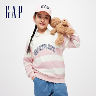 Gap 女童裝 Logo印花翻領長袖上衣-粉白條紋(891596)