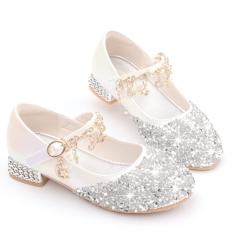 兒童公主鞋23新款女童皮鞋帶跟閃鑽水晶單鞋銀色錶演鞋粉色愛莎鞋 Q7U2
