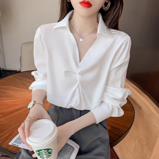 SY長袖上衣春裝新款時尚洋氣襯衣女長袖寬松休閑V領雪紡上衣褶皺半翻領襯衫長袖上衣襯衫