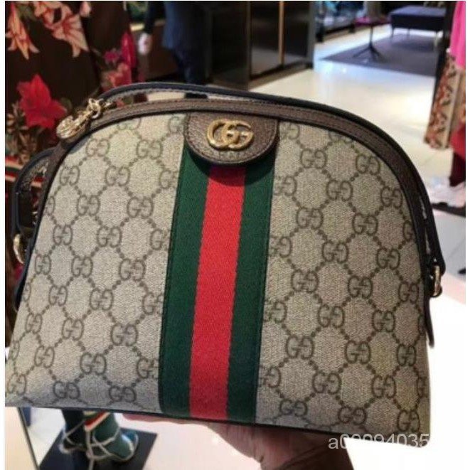 正品二手 GUCCI GG 499621 Ophidia Supreme 帆布 小款 貝殼包 綠紅綠 肩背包