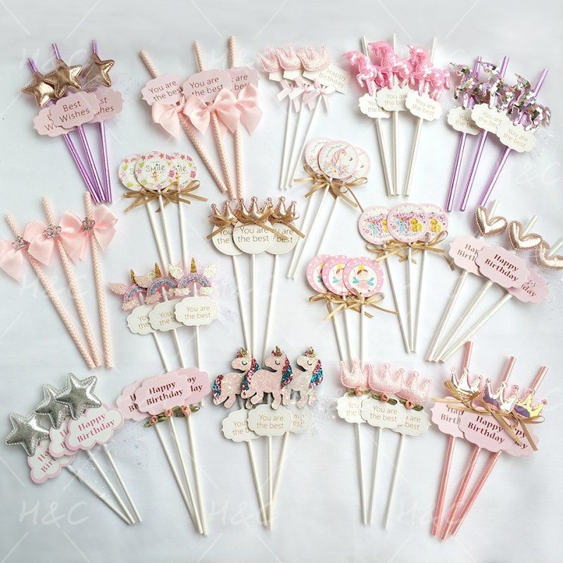 粉色甜品布置小公主婚禮插件布丁推推樂圍邊裝飾獨角獸蛋糕插牌