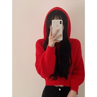 Codibook｜韓國 moodloveroom 紅色連帽短版落肩針織上衣［預購］針織衫 連帽上衣 女裝