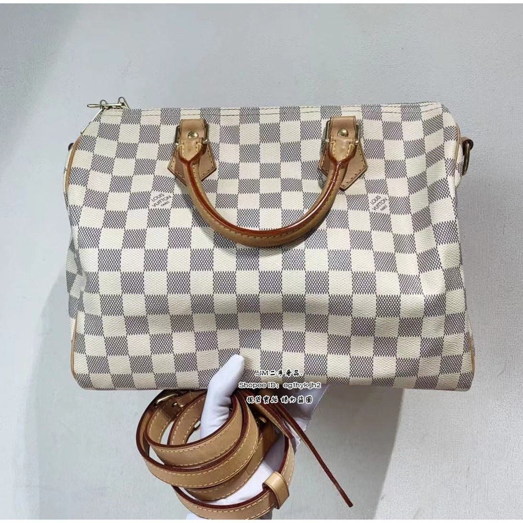 「二手98新」Louis Vuitton LV N41370 Speedy30 白色棋盤格波士頓包手提包