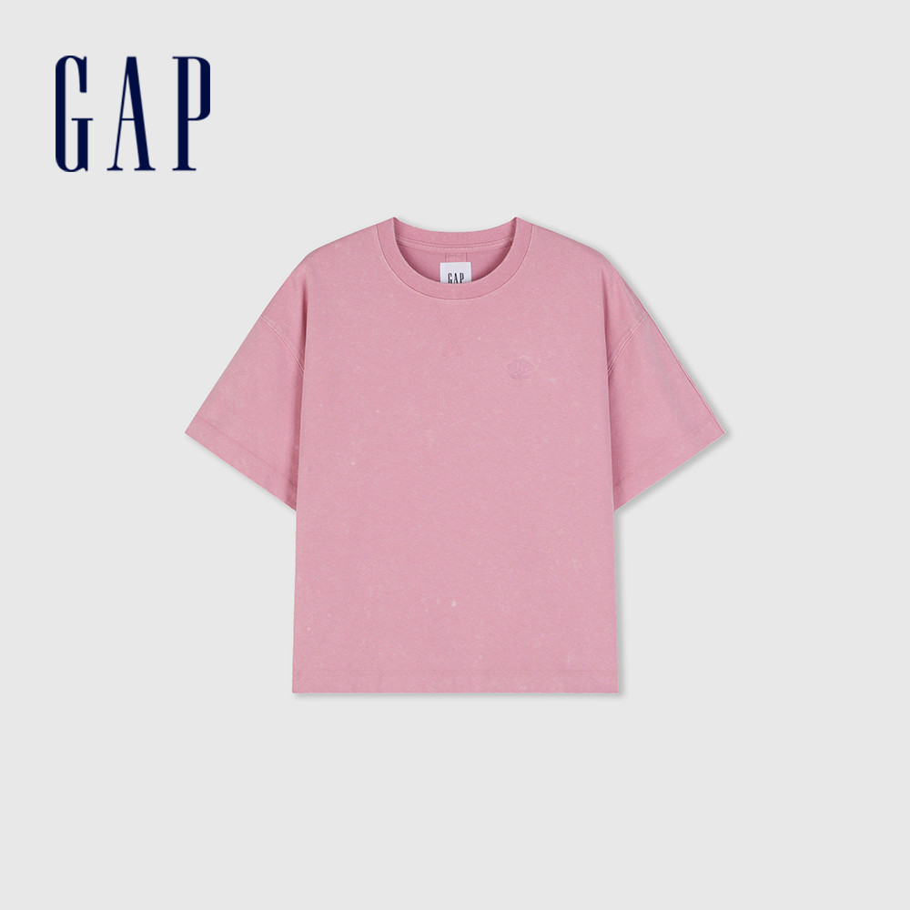 Gap 女裝 Logo圓領短袖T恤 復古水洗 厚磅密織親膚系列-粉色(874488)