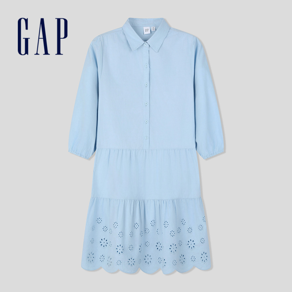 Gap 女裝 純棉翻領長袖洋裝-淺藍色(891083)