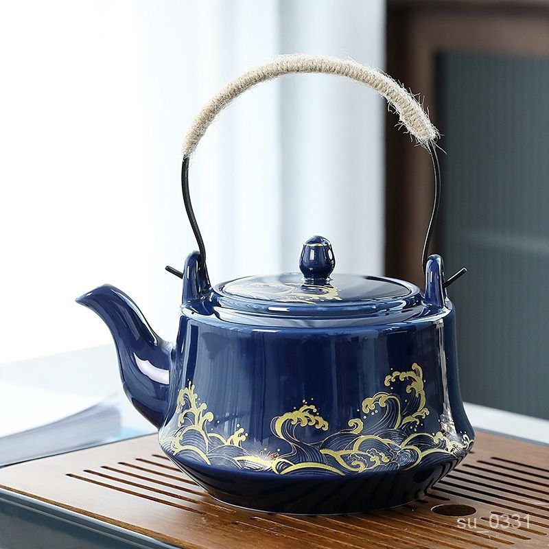 森金猴-偲逸霽藍茶壺傢用大容量單壺涼水壺泡茶壺耐熱不銹鋼過濾提樑陶瓷