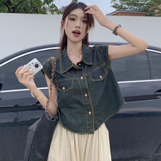 【Free Girl】複古牛仔襯衫款小個子翻領襯衣設計感不規則短款小飛袖上衣服 性感上衣 短袖上衣 短版短袖 大碼上衣