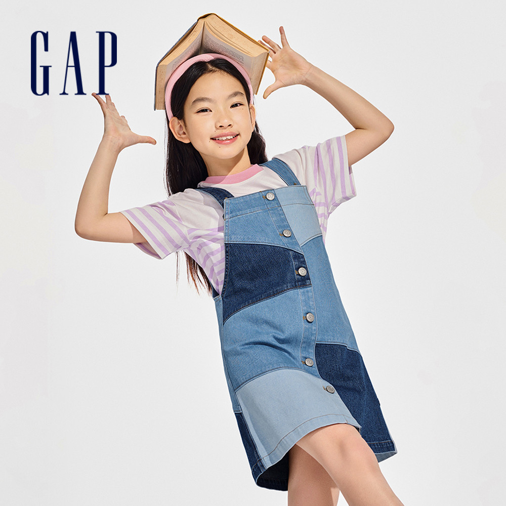 Gap 女童裝 牛仔吊帶洋裝-藍色拼接(890491)