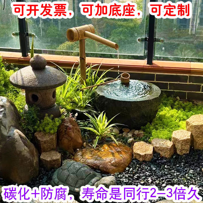 日式防腐竹子流水器 庭院石槽魚缸循環增氧噴泉裝飾造景竹排 擺件