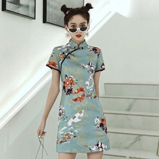 新式旗袍 短旗袍 改良式旗袍 洋裝 夏季日常款改良版旗袍 年輕款少女中國風學生短款連身裙 短洋裝