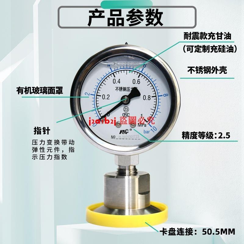 YNTP-60BF不銹鋼衛生型隔膜壓力表 卡盤卡箍式快裝式食品級壓力表