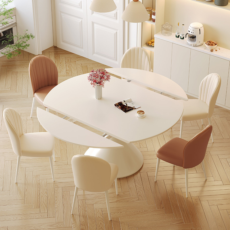 熱銷 奶油风岩板餐桌小户型家用现代简约华尔兹饭桌可旋转伸缩圆形桌子