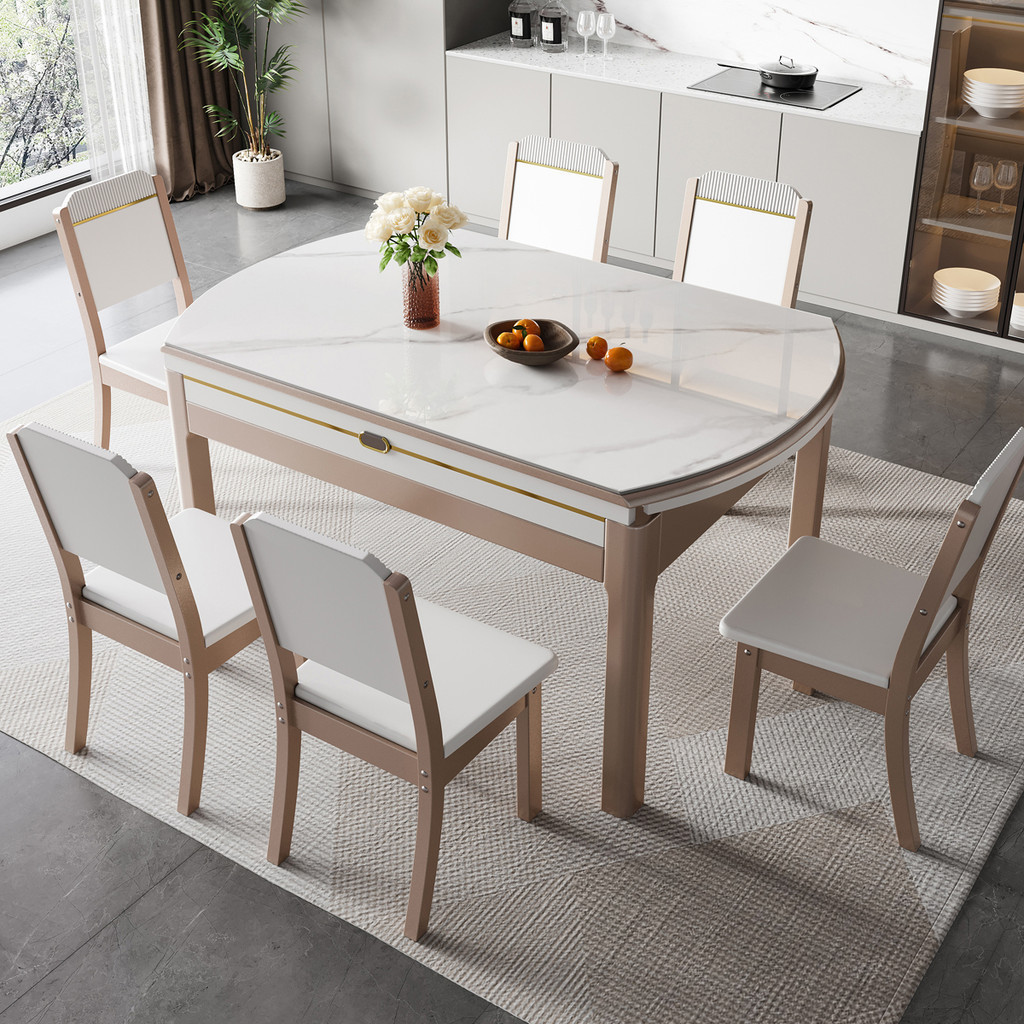 熱銷 轻奢实木岩板餐桌椅可伸缩折叠家用小户型奶油风意式现代简约桌子