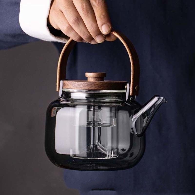 【桃園出貨】家用耐熱玻璃煮茶壺 直火玻璃壺 煙灰色蒸茶壺 煮茶器 提樑壺 玻璃燒水壺invｊ０