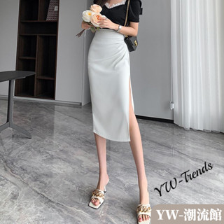 【YW】垂感絲綢半身裙女 開叉褶皺半身長裙 夏季新款高腰顯瘦中長裙 包臀裙 韓版簡約a字裙 女生裙子 女裝