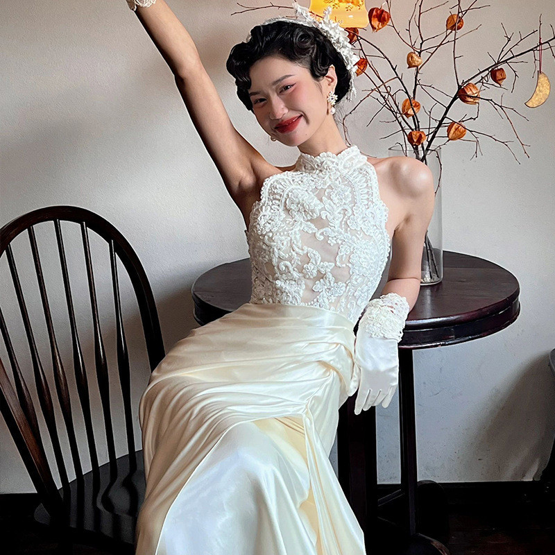 新中式晨袍新娘婚禮訂婚宴會小禮服裙魚尾蕾絲影樓主題旅拍輕婚紗