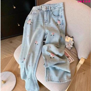 牛仔長褲🎀新國風花朵刺繡直筒牛仔褲女2024春季設計感高腰顯瘦闊腿褲子