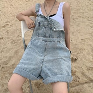 「NZN」 韓版寬鬆直筒闊腿牛仔褲復古港風夏季藍色背帶褲短褲