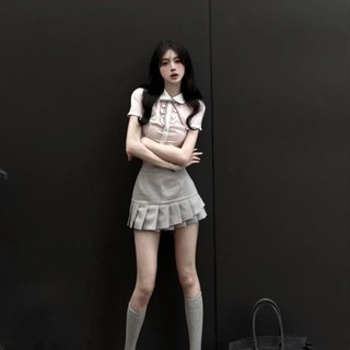 【Princess Home】套裝女 韓係學院風套裝JK製服少女粉色收腰襯衫灰色高腰百褶裙辣妹兩件套 純慾套裝 韓係套裝