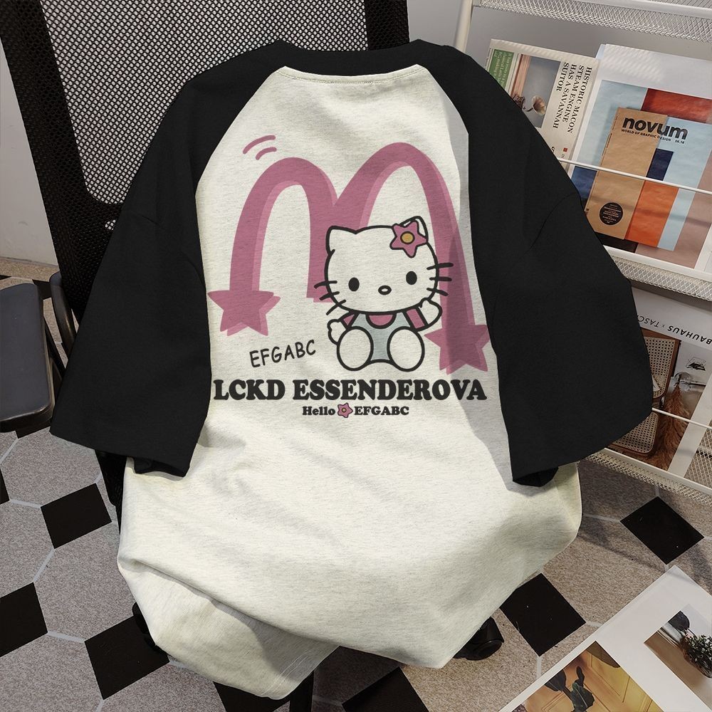 【久久】 甜酷Hello Kitty凱蒂貓印花拼接短袖t恤女夏寬松慵懶風插肩袖上衣