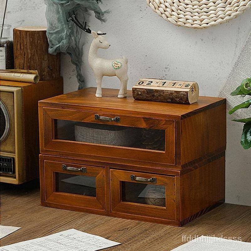 🔥復古 桌麵 電腦顯示器增高架 單層木製收納盒 玻璃抽屜式 梳妝臺木盒