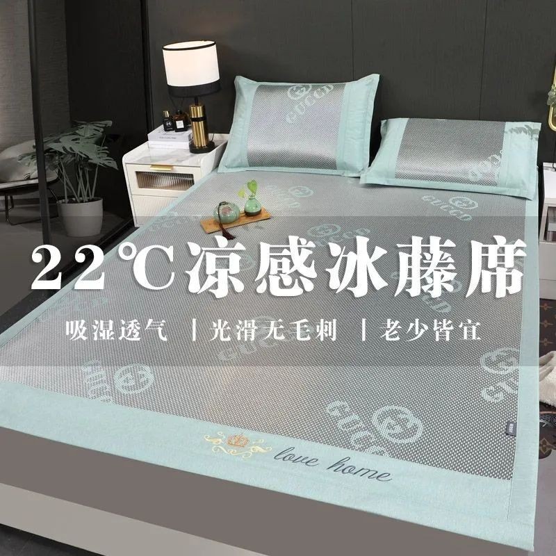 🔥臺灣熱賣🔥夏季高檔冰藤席加厚冰涼三件套可折疊冰絲涼席雙人床墊1.8米0.9米