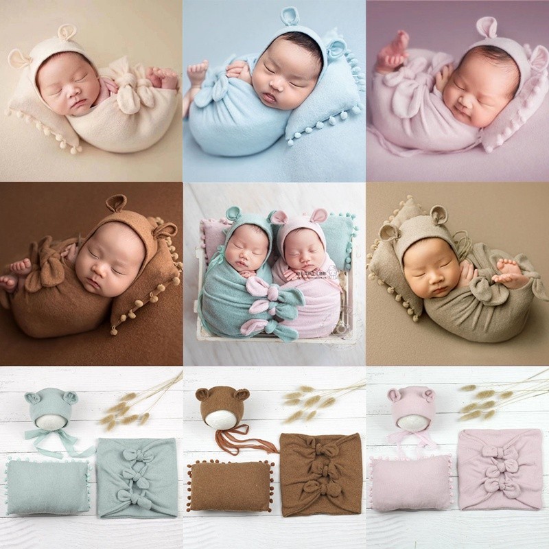 【台灣出貨】🎀CYMMHCM新生兒攝影造型服裝 嬰兒拍照耳朵帽子裹袋枕頭三件套 影樓道具 可愛寶寶照相寫真衣xpqpt