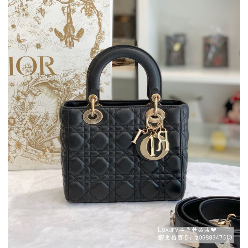 『二手精品』Dior 迪奧 LADY DIOR 系列 四格戴妃包 黑色 羊皮 金扣 藤格紋 手提包 單肩包 斜挎包