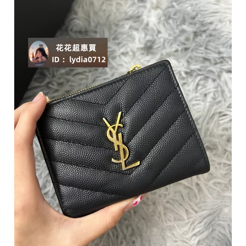 (二手品）YSL 聖羅蘭 MONOGRAM 575879 荔枝紋牛皮 短款雙折對折錢包/短夾/零錢包/卡包 黑色