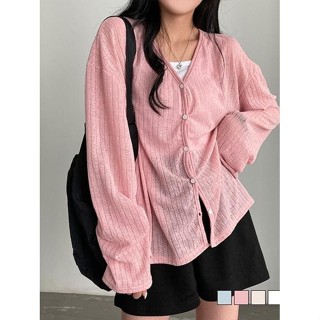 【Codibook】韓國 gifteabox 夏日混麻坑條排釦V領針織外套［預購］針織外套 襯衫 女裝