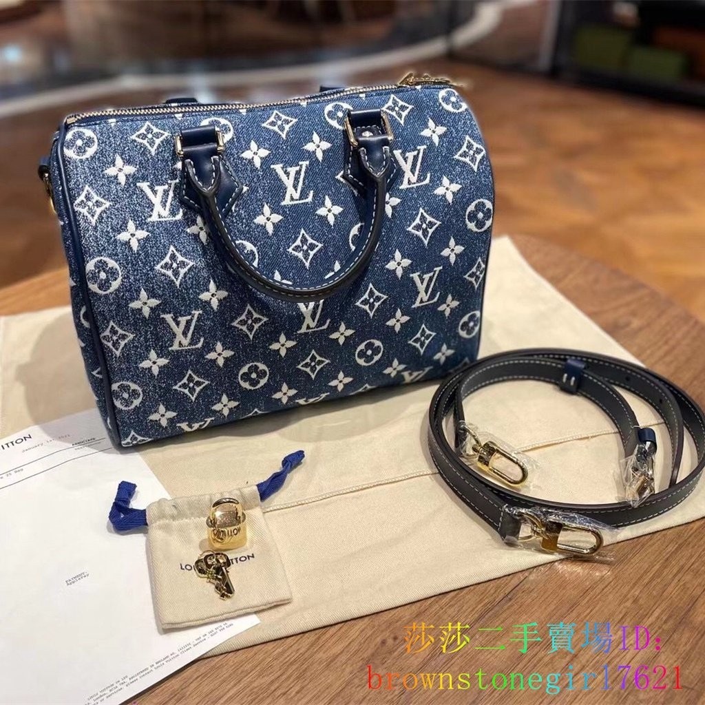 二手精品 LV 路易威登 SPEEDY 25 老花圖案 丹寧牛仔佈 手提包 單肩包 斜挎包 M59609 男女同款