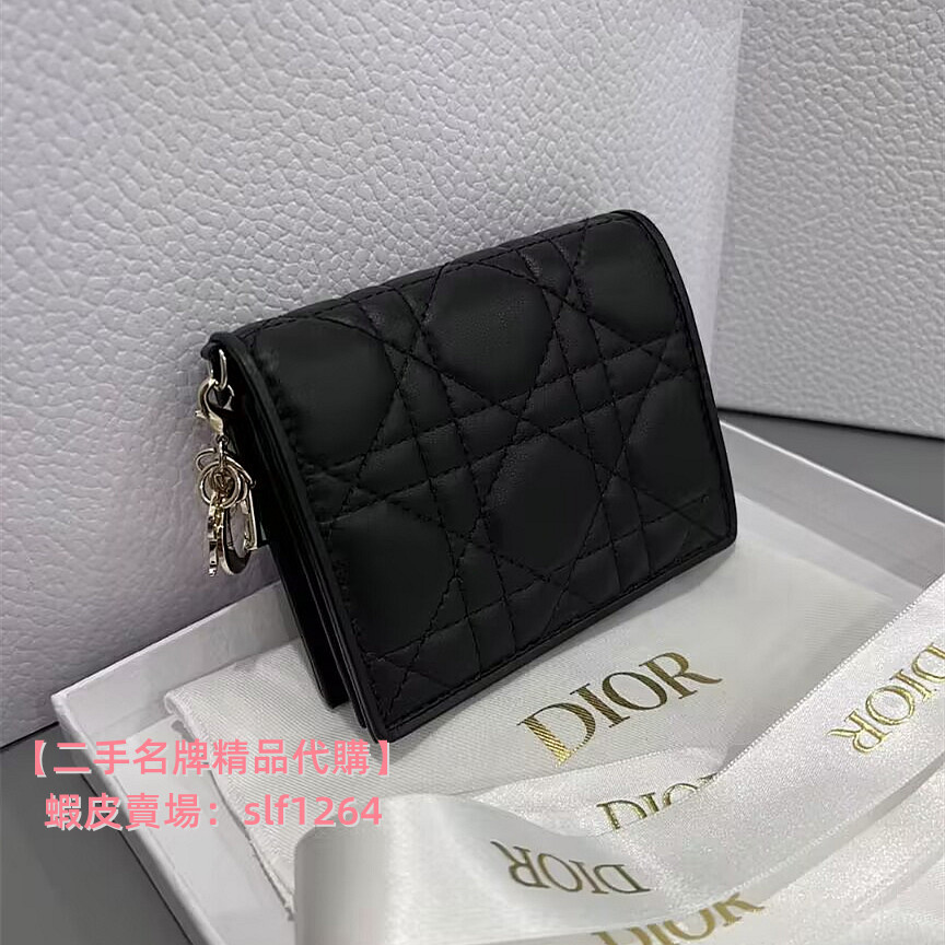 二手精品【DIOR迪奧】迷你 LADY DIOR 錢包 黑色羊皮 兩折短夾 錢夾 零錢包 對折錢包