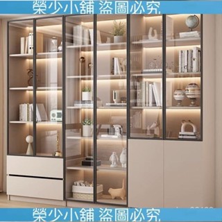 （榮少小鋪）￥書櫃傢用帶玻璃門客廳一體整墻現代輕奢定製儲物櫃實木書架展示櫃