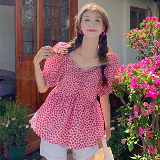 娃娃衫上衣💕 大碼襯衫女設計感夏季顯瘦新款遮肚甜美減齡泡泡袖碎花上衣娃娃衫
