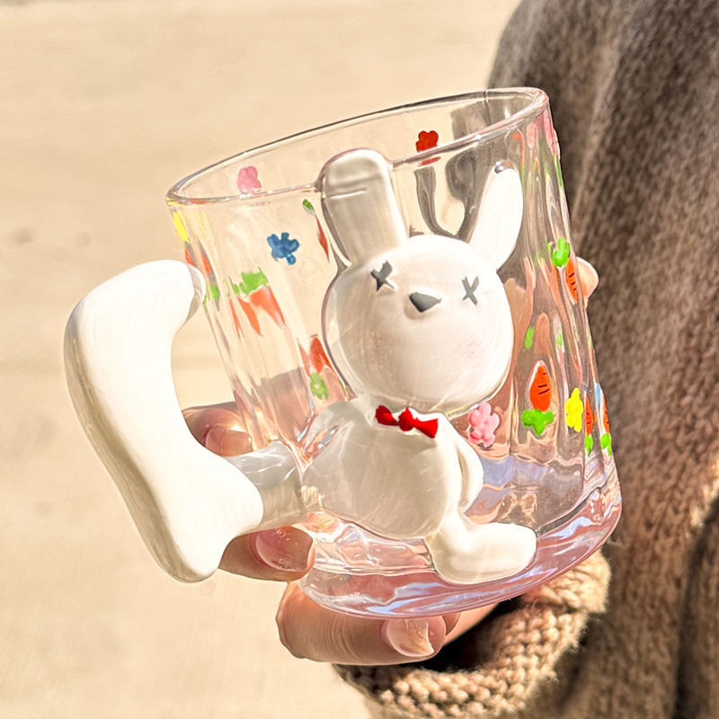 限定手繪可愛卡通小兔子玻璃杯 高顔值可愛水杯 情侶咖啡杯 萌兔創意傢用卡通牛奶杯 早餐杯 飲料杯 送禮物 生日禮物實用