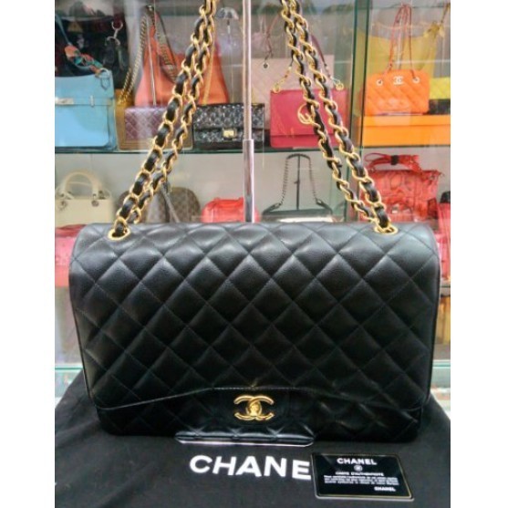 幸運星二手 CHANEL(香奈兒) 經典MAXI JUMBO荔枝紋牛皮雙金鍊COCO包(黑-33CM)