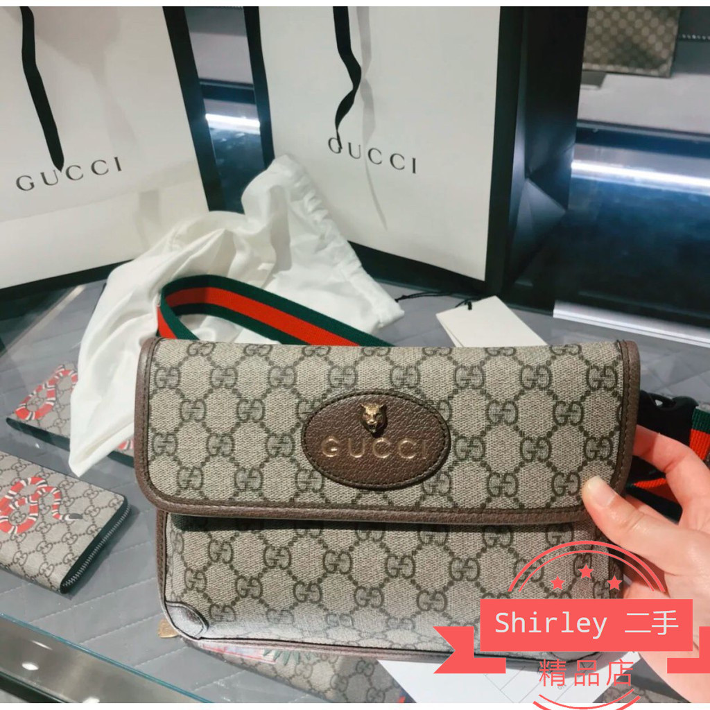 二手Gucci 493930 GG Supreme belt bag 經典 虎頭腰包 超讚