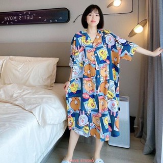 【熱賣新品】胖mm2-300斤卡通睡裙女夏季短袖開衫睡衣長款孕婦大碼薄款家居服大碼睡裙大尺碼睡衣加大加肥睡裙