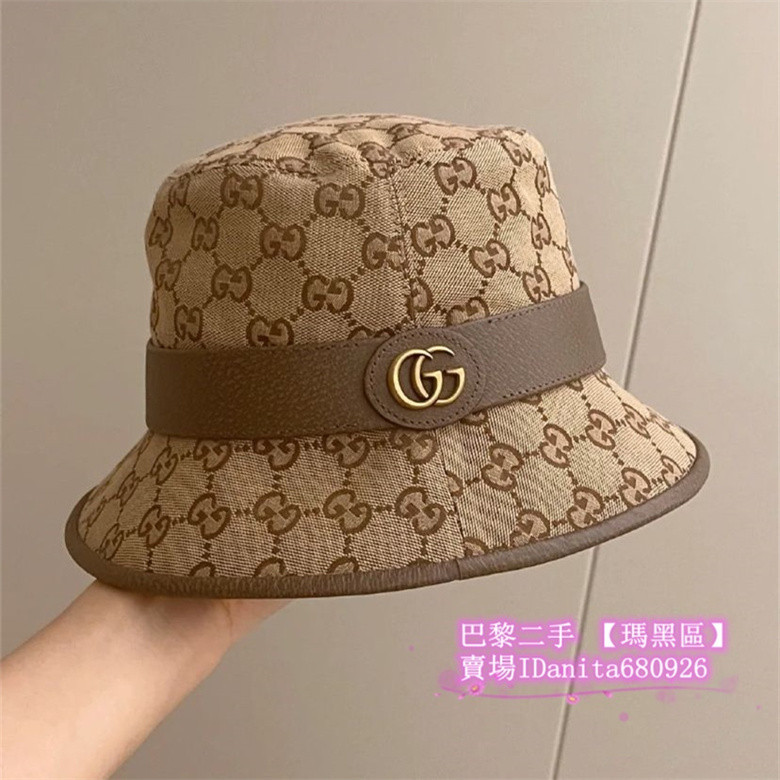 現貨+免運 GUCCI 古馳 帽子古馳新款雙G金扣滿logo印花帆布漁夫帽 576587