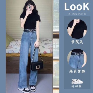 【夢卡dream】 赫本風 簡約穿搭 黑色上衣 牛仔褲女 兩件套裝 夏季女裝 INS 韓系穿搭 復古 小個子穿搭 T恤女