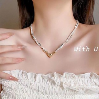 現貨 愛心項鏈 磁吸扣珍珠項鏈 With U 💕【1號】雙層疊戴真金電鍍愛心 碎銀珍珠鎖骨鏈 項鏈新款 ｜臺灣出貨