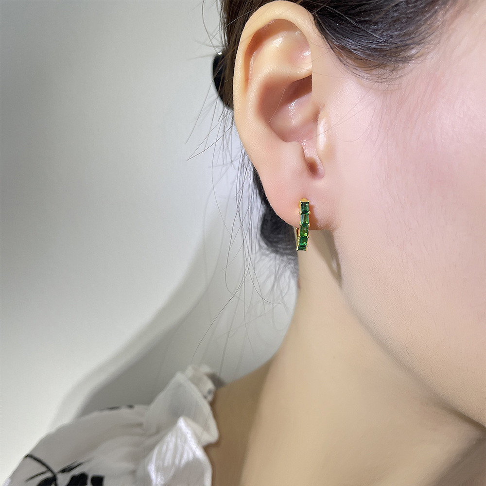 韓版穿戴耳扣 彩色鋯石耳扣中古風wish璀璨彩寶耳環中性風方形綠色排鑽耳圈【琳黛】