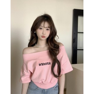 臺灣出貨✨ 甜辣設計感刺繡粉色短款一字露肩短袖女2024夏季韓係寬鬆顯瘦上衣