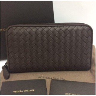 精品二手 BOTTEGA VENETA BV羊皮 編織ㄇ拉鍊 長夾 深咖啡色