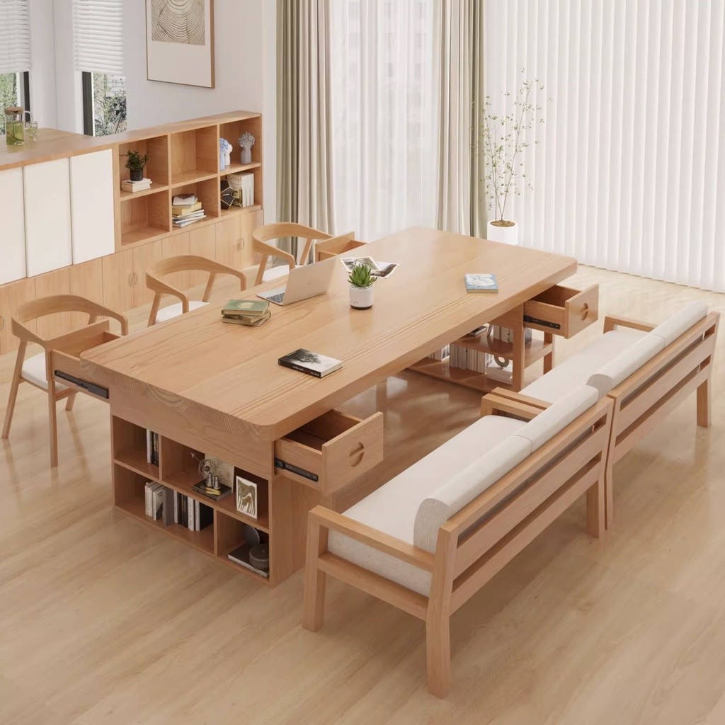 實木書桌 書櫃 書架一體組合桌 實木雙人學習桌 帶抽屜桌子 松木電腦桌 會議桌 客廳家用多功能大長桌 寫字桌 書法桌