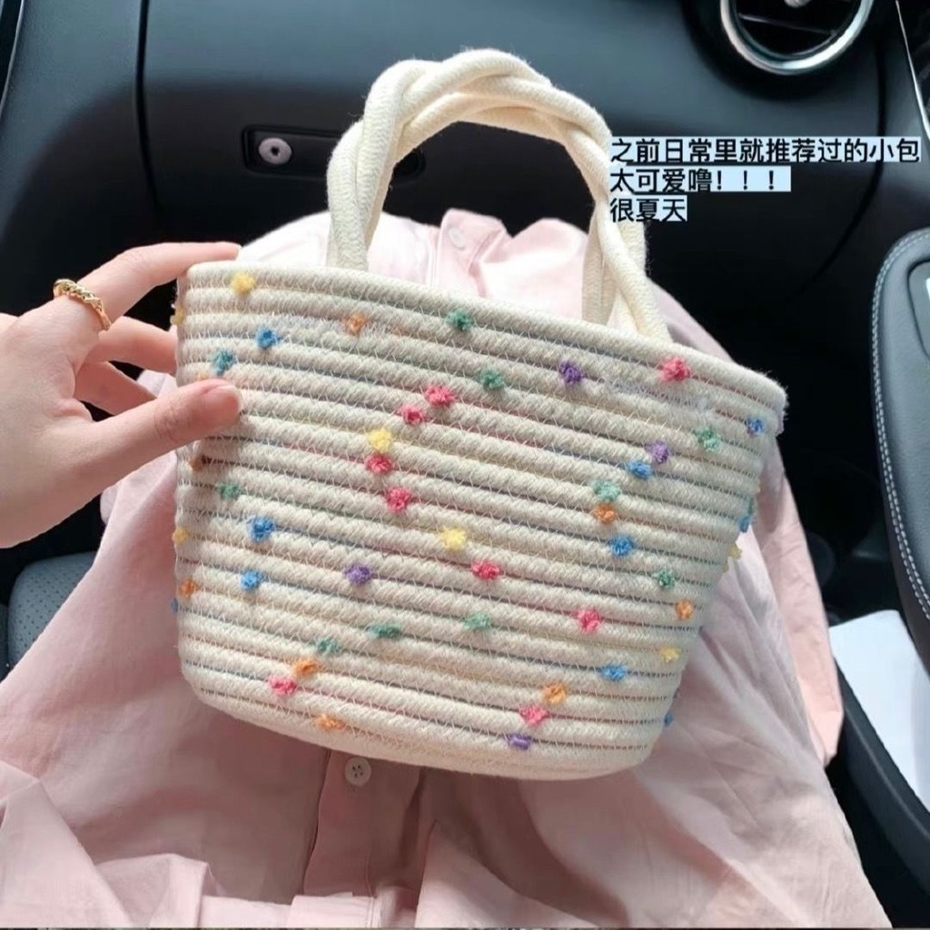 👜熱賣👜(新品特價)新款棉綫編織可愛彩豆手工手拎 編織包包 編織包 草編包 泰國編織包 藤編包 包包 女生包包 女包